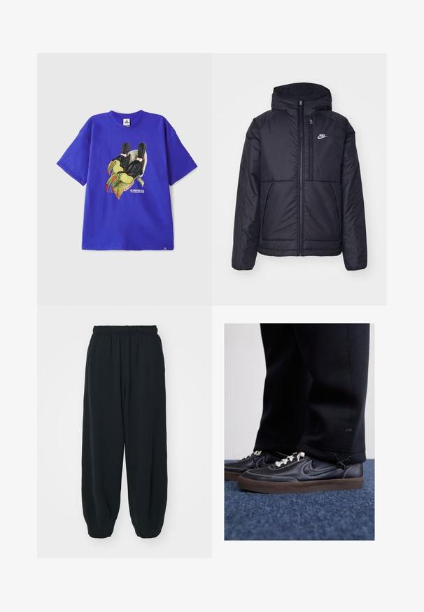 Črna, podložena Nike jakna z sprednjim zadrgo in kapuco. Ima bel logo na levem prsnem delu in dvojna sprednja žepa. Gladka zunanja tekstura.; Modra bombažna majica s kratkimi rokavi z grafiko dveh tukane. Vključuje besedilo "ALL CONDITIONS GEAR" blizu dizajna.; Črne, elastične hlače za prosti čas z ohlapnim krojem, manšetami na gležnjih, gladko teksturo in brez vidnih vzorcev ali dodatkov.; Nike Sportswear KILLSHOT 2 LTR PRM OPP2 - Športni copati - black sail baroque brown mtlc dk grey