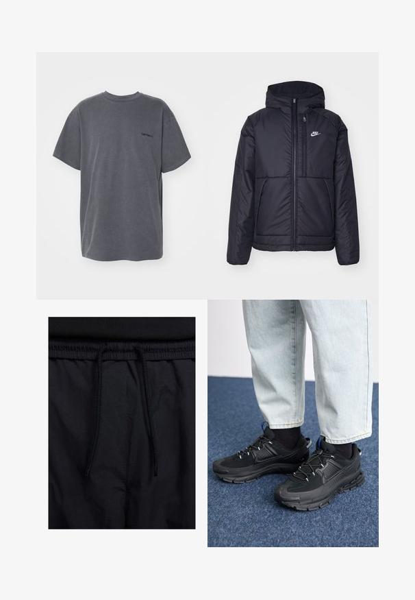 Black, padded Nike jacket with a front zipper and hood. Features a white logo on the left chest and dual front pockets. Smooth exterior texture.; Carhartt WIP DUSTER SCRIPT - Basic T-shirt - black; Black shorts featuring a drawstring waistband, lightweight fabric with a smooth texture, and a simple design without visible logos or patterns.; Black athletic shoes with textured fabric and rubber soles, featuring elastic laces and a blue accent on the heel. Worn with light denim pants.