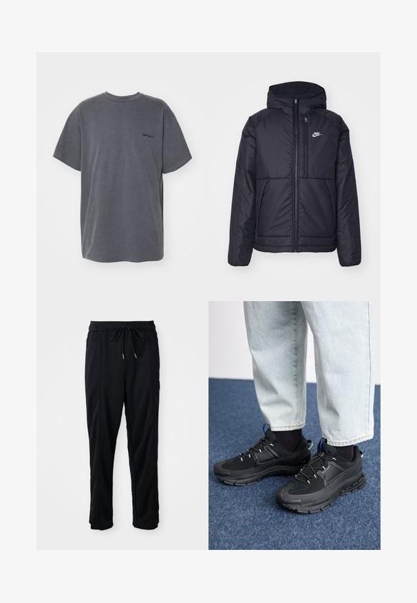 Giacca Nike nera, imbottita, con zip frontale e cappuccio. Presenta un logo bianco sul lato sinistro del petto e doppie tasche frontali. Texture esterna liscia.; Carhartt WIP DUSTER SCRIPT - T-shirt basic - black; Pantaloni casual neri con elastico in vita, tasche laterali e taglio dritto su uno sfondo uniforme.; Scarpe sportive nere con tessuto testurizzato e suole in gomma, dotate di lacci elastici e un accento blu sul tallone. Indossate con pantaloni in denim chiaro.