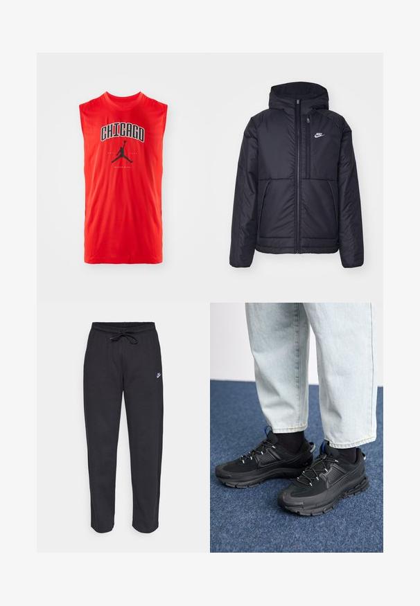Musta, pehmustettu Nike-takki, jossa on etuvetoketju ja huppu. Vasemmassa rinnassa on valkoinen logo ja takissa on kaksinkertaiset etutaskut. Pintakoe on sileä.; Punainen hihaton urheilupaita, jossa on musta "CHICAGO" -teksti ja musta Nike Air Jordan -logo keskellä tekstiä. Sujuva, kevytrakenteinen kangas.; Mustat verkkareita pehmeästä kankaasta, jossa on joustava vyötärö, nyöri ja pieni Nike-logo vasemmassa reidessä.; Mustat urheilukengät, joissa on teksturoitu kangas ja kumipohjat, elastiset nauhat ja sininen yksityiskohta kannassa. Yhdistetty vaaleisiin farkkuihin.
