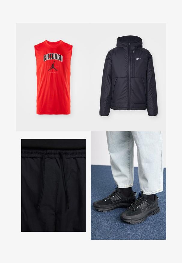 Crna Nike jakna s podstavom, dugmadi sprijeda i kapuljačom. Ima bijeli logotip na lijevoj strani prsnog koša i dva prednja džepa. Glatka vanjska tekstura.; Crvena bezrukava sportska majica s crnim natpisom "CHICAGO" i crnim Nike Air Jordan logotipom centriranim ispod natpisa. Gladak, lagan materijal.; Crne kratke hlače s pojasom na vezanje, lagani materijal s glatkom teksturom i jednostavan dizajn bez vidljivih logotipa ili uzoraka.; Crne atletske cipele s teksturiranom tkaninom i gumene potplate, s elastičnim vezicama i plavim akcentom na peti. Nosene su s svijetlim trapericama.