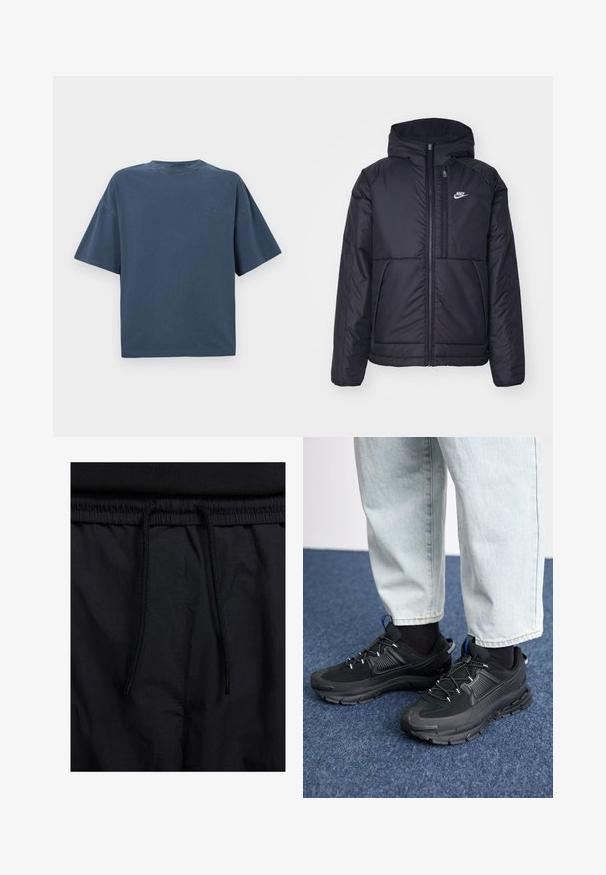 Zwarte, gewatteerde Nike-jas met een voorkant met ritssluiting en capuchon. Kenmerkt zich door een wit logo op de linkerborst en dubbele frontzakken. Gladde buitenkant.; Navyblauw oversized T-shirt met korte mouwen met een klein Carhartt-logo geborduurd op de linkerborst tegen een witte achtergrond.; Zwarte shorts met een drawstring tailleband, lichtgewicht stof met een zachte textuur en een eenvoudig ontwerp zonder zichtbare logo's of patronen.; Zwarte sportschoenen met gestructureerde stof en rubberen zolen, met elastische veters en een blauwe accent op de hiel. Draag samen met lichte spijkerbroeken.