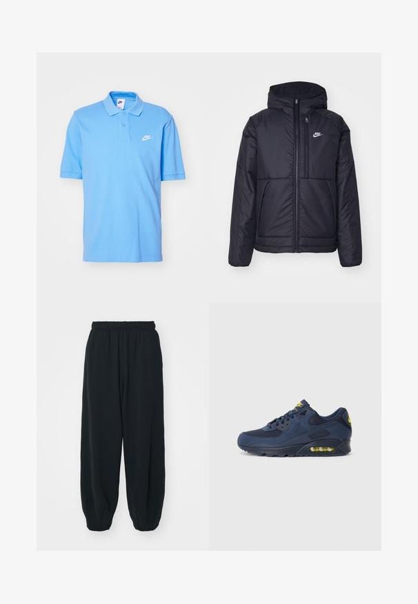 Crna Nike jakna s podstavom, dugmadi sprijeda i kapuljačom. Ima bijeli logotip na lijevoj strani prsnog koša i dva prednja džepa. Glatka vanjska tekstura.; Svijetloplava polo majica od pamuka s klasičnim ovratnikom, kratkim rukavima, s dva gumba i bijelim Nike logom na lijevoj strani prsnog koša.; Crne, dukserice s elastičnim strukom, širokog kroja, s manžetama na gležnjevima, glatke teksture i bez vidljivih uzoraka ili metalnih detalja.; Tamno plavi Nike Air Max tenisice s gornjim dijelom od antilopa i mrežice, s žutim akcentima, vezanjem sprijeda i vidljivim zračnim jastučićima u potplatu.