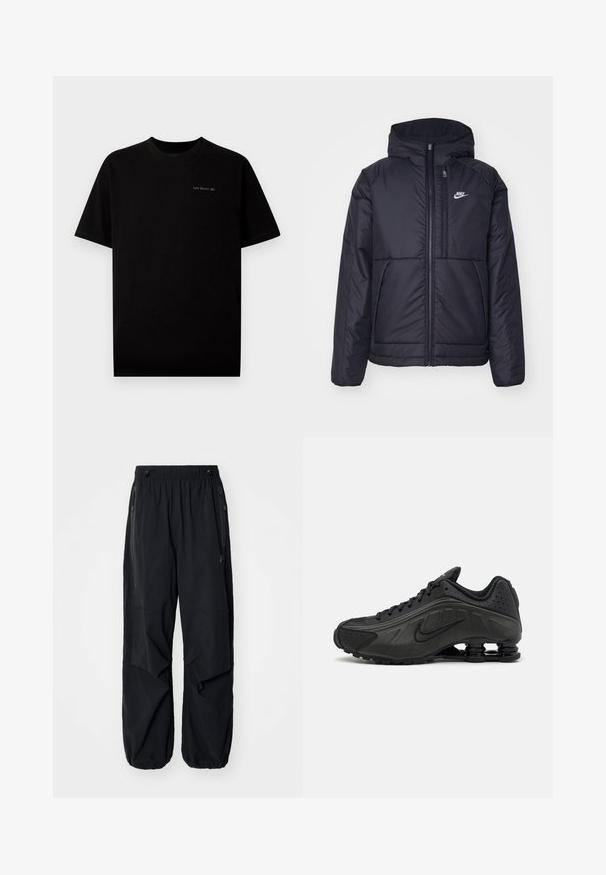 Jachetă Nike neagră, căptușită, cu fermoar pe față și glugă. Prezintă un logo alb pe pieptul stâng și două buzunare frontale. Textură exterioară netedă.; Tricou din bumbac negru, cu mâneci scurte și decolteu rotund. Include un logo mic, "Last Resort AB", brodat în culoare deschisă pe piept.; Pantaloni cargo ușori negri, cu talie elastică, fermoare laterale și buzunare încăpătoare. Au un croi lejer și manșete evazate.; Pantofi de alergare negri, cu o parte superioară netedă din material sintetic, accente perforate, panouri laterale texturate și o talpă distinctivă și elastică.