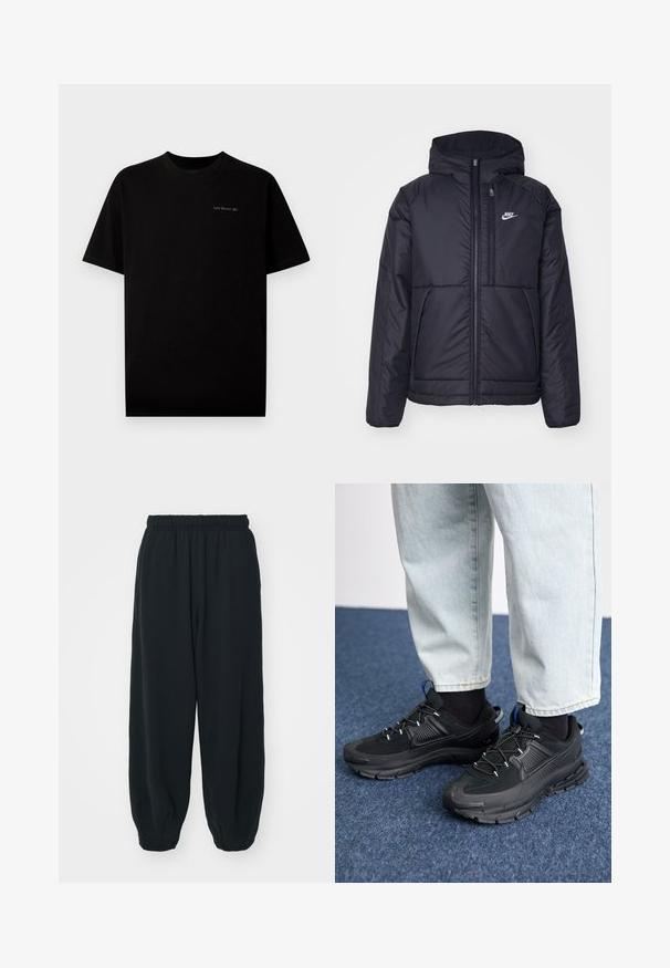 Casaco Nike preto, acolchoado, com fecho à frente e capuz. Apresenta um logo branco no lado esquerdo do peito e dois bolsos frontais. Textura exterior lisa.; T-shirt de algodão preto com mangas curtas e um decote redondo. Apresenta um pequeno logótipo "Last Resort AB" bordado numa cor clara no peito.; Calças de fato de treino pretas, com cintura elástica e um corte solto, com punhos nas pernas, textura suave e sem padrões visíveis ou detalhes de metal.; Sapatilhas desportivas pretas com tecido texturizado e solas em borracha, apresentando atacadores elásticos e um detalhe azul no calcanhar. Usadas com calças de ganga claras.