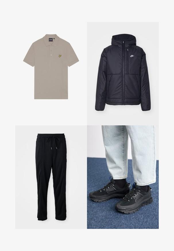 Must musta Nike jope, millel on ees lukuga avamine ja kapuuts. Vasakpoolne rind on kaunistatud valge logoga ning ees on kaks taskut. Sile välimine tekstuur.; Beež polo särk, mis on valmistatud puuvillast, sisaldab kolme nupuga kaelust ja vasakul rinnal on väike kollane tikandiga linnu logo.; Mustad nööridega vööga igapäevased mustad püksid, külgseamipocketid ja sirge sääre lõikega, ühtlasel taustal.; Mustad mustad jooksukingad, millel on tekstureeritud kangas ja kummist tallad, elastsed nöörid ning sinine aksent kandadel. Kandmine heledate teksadega.