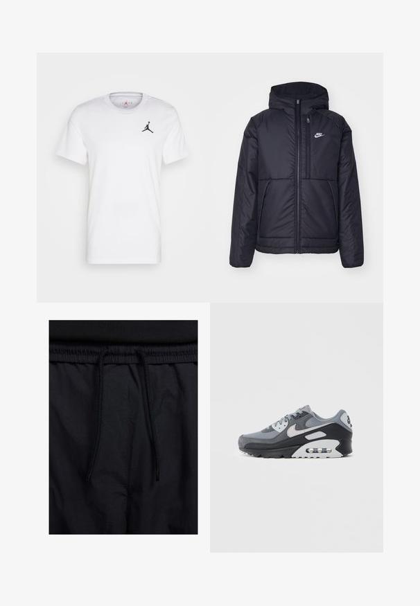 Crna Nike jakna s podstavom, dugmadi sprijeda i kapuljačom. Ima bijeli logotip na lijevoj strani prsnog koša i dva prednja džepa. Glatka vanjska tekstura.; Bijela pamučna majica s crnim Jordan logotipom na lijevoj strani grudi, dizajn s okruglim izrezom, kratkim rukavima i glatkom teksturom.; Crne kratke hlače s pojasom na vezanje, lagani materijal s glatkom teksturom i jednostavan dizajn bez vidljivih logotipa ili uzoraka.; Sivi tenis s mješavinom mrežastih i brušenih materijala, s crnim potplatom i vidljivom zračnom jedinicom. Primjetni svijetlosivi detalji i vezice.