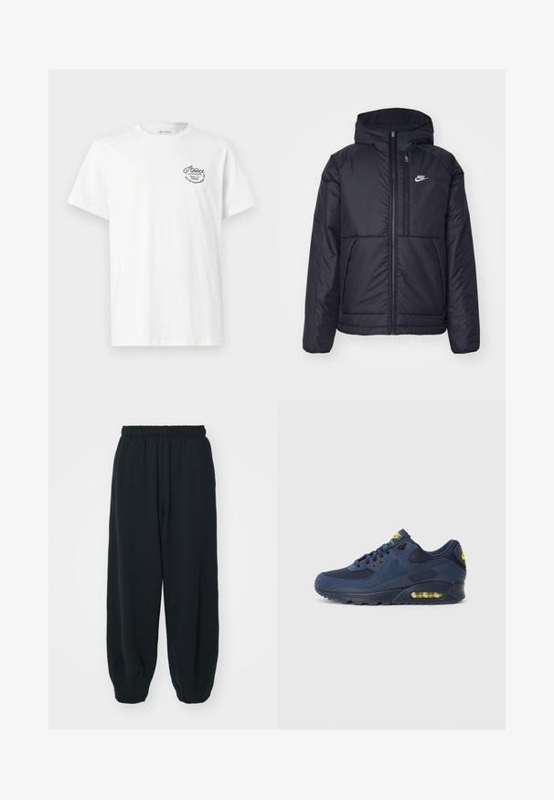Μαύρο, επενδυμένο μπουφάν Nike με μπροστινό φερμουάρ και κουκούλα. Διαθέτει λευκό λογότυπο στο αριστερό στήθος και διπλές μπροστινές τσέπες. Λείο εξωτερικό υλικό.; Λευκό βαμβακερό t-shirt με στρογγυλή λαιμόκοψη και κοντά μανίκια, διακοσμημένο με ένα μαύρο κεντημένο λογότυπο στην επάνω αριστερή πλευρά.; Μαύρες, φόρμες με ελαστική μέση και χαλαρή εφαρμογή, με ρεβέρ στους αστραγάλους, λεία υφή και χωρίς ορατά μοτίβα ή αξεσουάρ.; Ναυτικό μπλε Nike Air Max παπούτσια με σουέτ και διχτυωτό επάνω μέρος, με κίτρινες λεπτομέρειες, δέσιμο μπροστά και ορατή αεροστρώση στην σόλα.