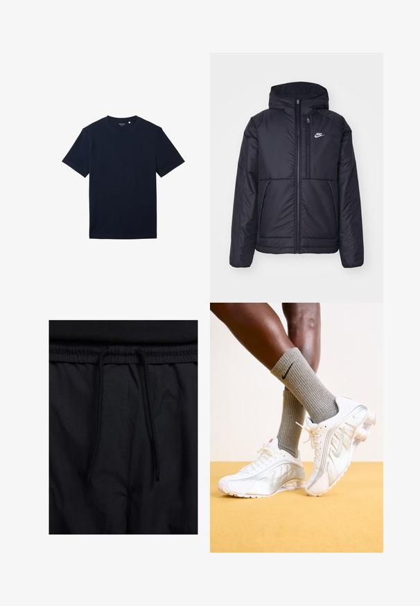 Must musta Nike jope, millel on ees lukuga avamine ja kapuuts. Vasakpoolne rind on kaunistatud valge logoga ning ees on kaks taskut. Sile välimine tekstuur.; Tumesinise puuvillane T-särk lühikeste varrukatega, klassikalise ümmarguse kaelusega ja sileda tekstuuriga. Lihtne disain, ilma mustrite või nähtavate aktsentideta.; Mustad lühikesed püksid, millel on paelaga vöökoht, kerge kangas, mis on sileda tekstuuriga ning lihtne disain ilma nähtavate logode või mustriteta.; Nike tenisijad valgetes toonides, hõbedaste aktsentidega, tekstureeritud paneelide ja perforatsioonidega. Koos hallide ribadega sokkidega, kollasel taustal.