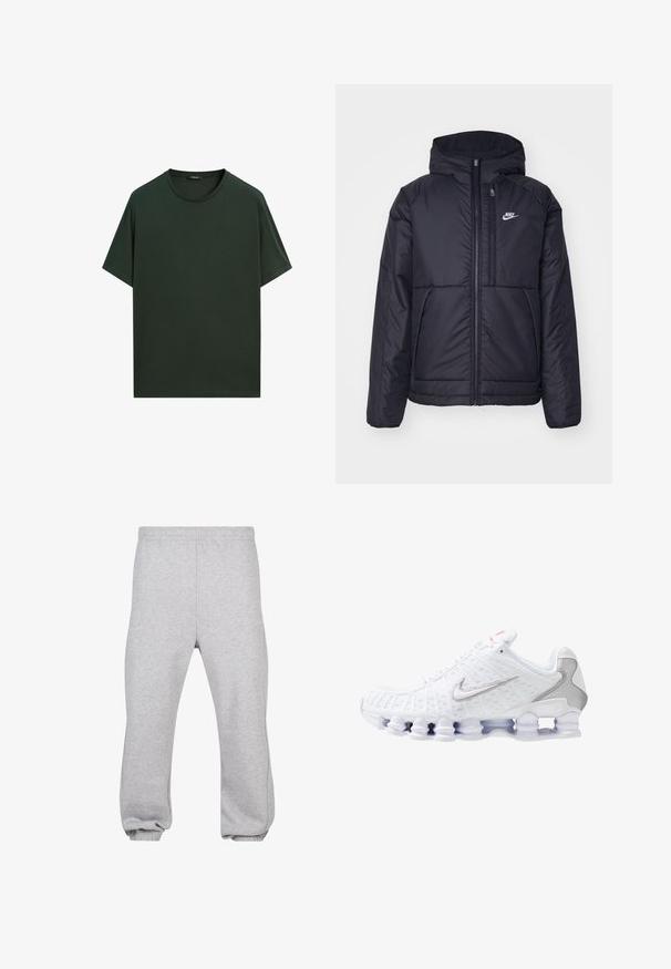 Czarna, pikowana kurtka Nike z przednim zamkiem błyskawicznym i kapturem. Posiada białe logo po lewej stronie klatki piersiowej oraz podwójne kieszenie z przodu. Gładka struktura zewnętrzna.; Ciemnozielona bawełniana koszulka z okrągłym dekoltem, krótkimi rękawami i luźnym krojem. Gładka tekstura bez widocznych zdobień.; Szare dresy wykonane z mieszanki bawełny, z elastycznym paskiem w talii, zwężanymi nogawkami i ściągaczami u dołu. Prosty design bez wzorów.; Białe buty sportowe z teksturowaną siateczką, srebrnym logo Nike, wyściełanym kołnierzem oraz unikalną przezroczystą plastikową podeszwą z sprężynami.