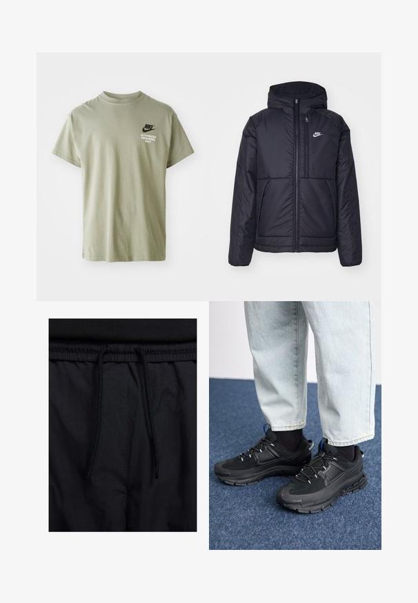 Svart, polstret Nike-jakke med frontglidelås og hette. Har en hvit logo på venstre bryst og doble frontlommer. Glatt ytterside.; Olivengrønn bomull T-skjorte med korte ermer, rund hals, og "Nike"-logo over "AUTORISERT PERSONELL BARE" i hvit tekst.; Sorte shorts med snor i livet, lett stoff med en jevn tekstur, og et enkelt design uten synlige logoer eller mønstre.; Svarte sportssko med teksturert stoff og gummisåler, med elastiske lisser og en blå detalj på hælen. Brukt med lyse denimbukser.