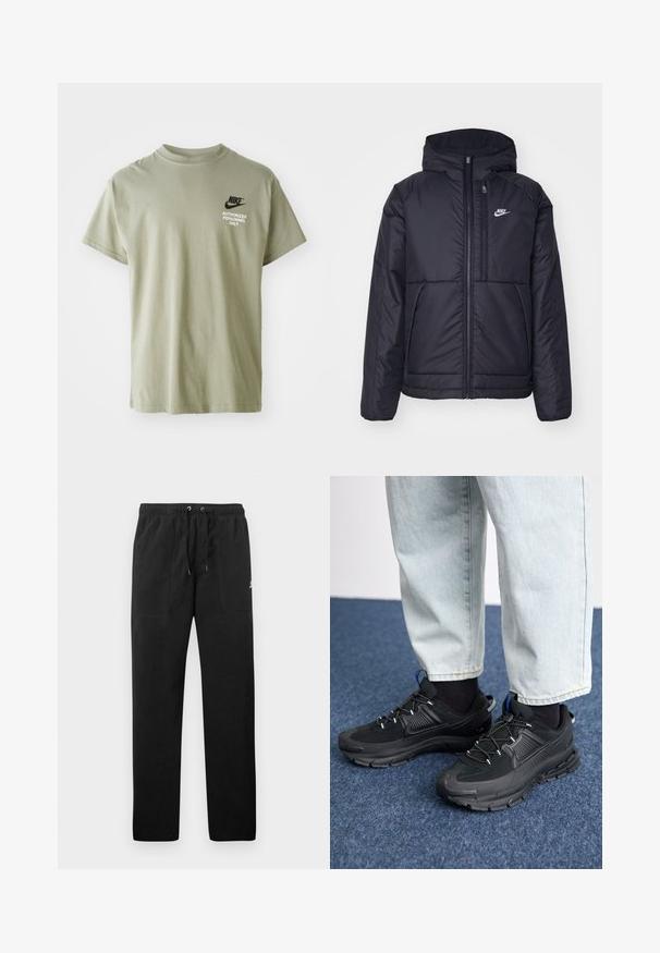 Svart, polstret Nike-jakke med frontglidelås og hette. Har en hvit logo på venstre bryst og doble frontlommer. Glatt ytterside.; Olivengrønn bomull T-skjorte med korte ermer, rund hals, og "Nike"-logo over "AUTORISERT PERSONELL BARE" i hvit tekst.; Sorte joggebukser laget av fleece, med elastisk liv med snøring, to frontlommer og en liten logo på låret.; Svarte sportssko med teksturert stoff og gummisåler, med elastiske lisser og en blå detalj på hælen. Brukt med lyse denimbukser.