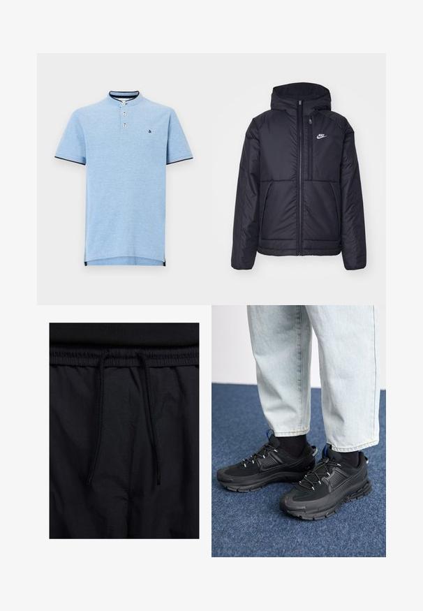 Casaco Nike preto, acolchoado, com fecho à frente e capuz. Apresenta um logo branco no lado esquerdo do peito e dois bolsos frontais. Textura exterior lisa.; Camisa polo azul claro com colarinho alto, abertura com dois botões e acabamentos em azul-marinho nas mangas e na bainha. Textura suave e detalhe de logótipo minimal.; Calções pretos com um cós elástico ajustável, fabricados em tecido leve com uma textura suave e um design simples, sem logótipos ou padrões visíveis.; Sapatilhas desportivas pretas com tecido texturizado e solas em borracha, apresentando atacadores elásticos e um detalhe azul no calcanhar. Usadas com calças de ganga claras.