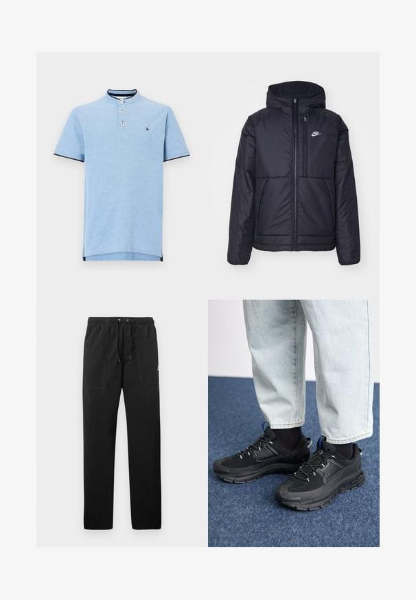 Chaqueta acolchada negra de Nike con cremallera frontal y capucha. Presenta un logo blanco en el lado izquierdo del pecho y dos bolsillos frontales. Textura exterior suave.; Camisa polo de color azul claro con un cuello alto, tapeta de dos botones y ribete en color marino en las mangas y el dobladillo. Textura suave y mínimo detalle del logo.; Pantalones deportivos negros de felpa, con una cinturilla elástica con cordones, dos bolsillos delanteros y un pequeño logo en el muslo.; Zapatillas deportivas negras con tejido texturizado y suelas de goma, con cordones elásticos y un acento azul en el talón. Combinadas con pantalones de mezclilla claros.