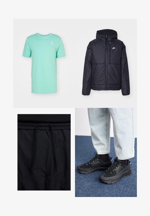 Must musta Nike jope, millel on ees lukuga avamine ja kapuuts. Vasakpoolne rind on kaunistatud valge logoga ning ees on kaks taskut. Sile välimine tekstuur.; Jordan JUMPMAN CREW - Lihtne T-särk - emerald rise/(white); Mustad lühikesed püksid, millel on paelaga vöökoht, kerge kangas, mis on sileda tekstuuriga ning lihtne disain ilma nähtavate logode või mustriteta.; Mustad mustad jooksukingad, millel on tekstureeritud kangas ja kummist tallad, elastsed nöörid ning sinine aksent kandadel. Kandmine heledate teksadega.