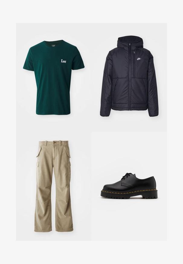 Melna, pufota Nike jaka ar priekšējo rāvējslēdzēju un kapuci. Iezīmēta ar baltu logotipu uz kreisās krūtis un divām priekšējām kabatām. Gluda ārējā tekstūra.; Tumši zaļš kokvilnas T-krekls ar apaļu kaklu, īsām piedurknēm un baltu izšūtu "Lee" logo kreisajā krūšu daļā.; Bēše kravas bikses izgatavotas no izturīga auduma, ar brīvu piegriezumu, vairākām sānu kabatām un nostiprinātiem ceļgaliem. Plakans priekšējais dizains.; Melnas ādas kurpes ar saistēm, noapaļota purngalu, ar teksturētu gumijas zoli un dzeltenu šuvju ap malu. Plakana forma un gluda apdare.