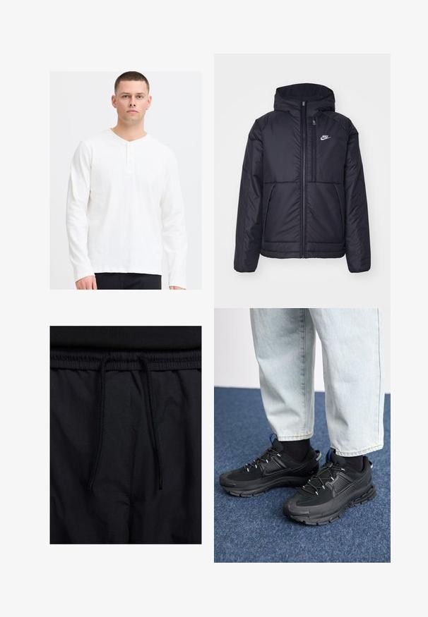 Sort, polstret Nike-jakke med frontlynlås og hætte. Har et hvidt logo på venstre bryst og to frontlommer. Glat ydre tekstur.; Langærmet hvid henley skjorte lavet af blødt stof med V-halsudskæring og tre-knap placket. Enkel, tekstureret design med en afslappet pasform.; Sorte shorts med snoretræk i taljen, letvægtsstof med en glat tekstur og et simpelt design uden synlige logoer eller mønstre.; Sorte træningssko med tekstureret stof og gummisåler, udstyret med elastiske snørebånd og en blå detalje på hælen. Bæres med lyse denimbukser.