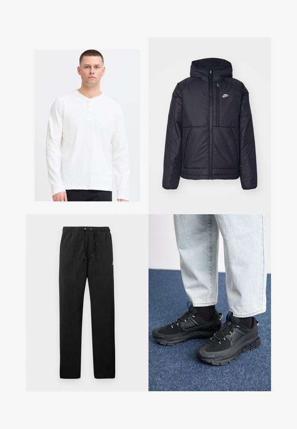 Black, padded Nike jacket with a front zipper and hood. Features a white logo on the left chest and dual front pockets. Smooth exterior texture.; Long-sleeve, white henley shirt made of soft fabric with a V-neckline and three-button placket. Simple, textured design with a relaxed fit.; Black sweatpants made of fleece, featuring an elastic waistband with drawstrings, two front pockets, and a small logo on the thigh.; Black athletic shoes with textured fabric and rubber soles, featuring elastic laces and a blue accent on the heel. Worn with light denim pants.