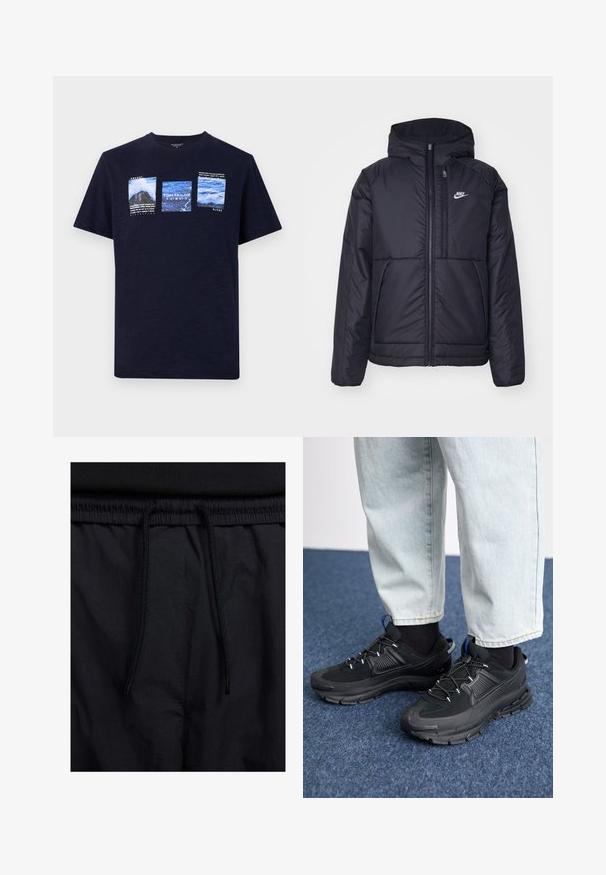 Musta, pehmustettu Nike-takki, jossa on etuvetoketju ja huppu. Vasemmassa rinnassa on valkoinen logo ja takissa on kaksinkertaiset etutaskut. Pintakoe on sileä.; Tummansininen t-paita, joka on valmistettu teksturoidusta kankaasta. Paidassa on neljä painettua kuvaa maisemateemoilla ja valkoista tekstiä. Pyöreä pääntie ja lyhyet hihat.; Mustat shortsit, joissa on naru vyötäröllä, kevyestä kankaasta valmistettu, sileä tekstuuri ja yksinkertainen muotoilu ilman näkyviä logoja tai kuvioita.; Mustat urheilukengät, joissa on teksturoitu kangas ja kumipohjat, elastiset nauhat ja sininen yksityiskohta kannassa. Yhdistetty vaaleisiin farkkuihin.