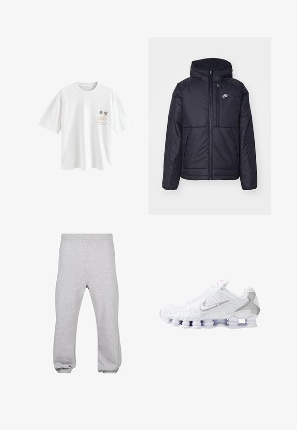 Černá zateplená bunda Nike s předním zipem a kapucí. Na levé straně hrudi má bílé logo a dvojité přední kapsy. Hladký povrch.; Next Triko s potiskem - white japan; Šedé tepláky vyrobené z bavlněné směsi, s elastickým pasem, zúženými nohavicemi a manžetami na koncích. Jednoduchý design bez vzorů.; Bílé sportovní boty s texturovaným síťovaným svrškem, stříbrným logem Nike, polstrovaným límcem a unikátní průhlednou plastovou podrážkou se vzpruhami.
