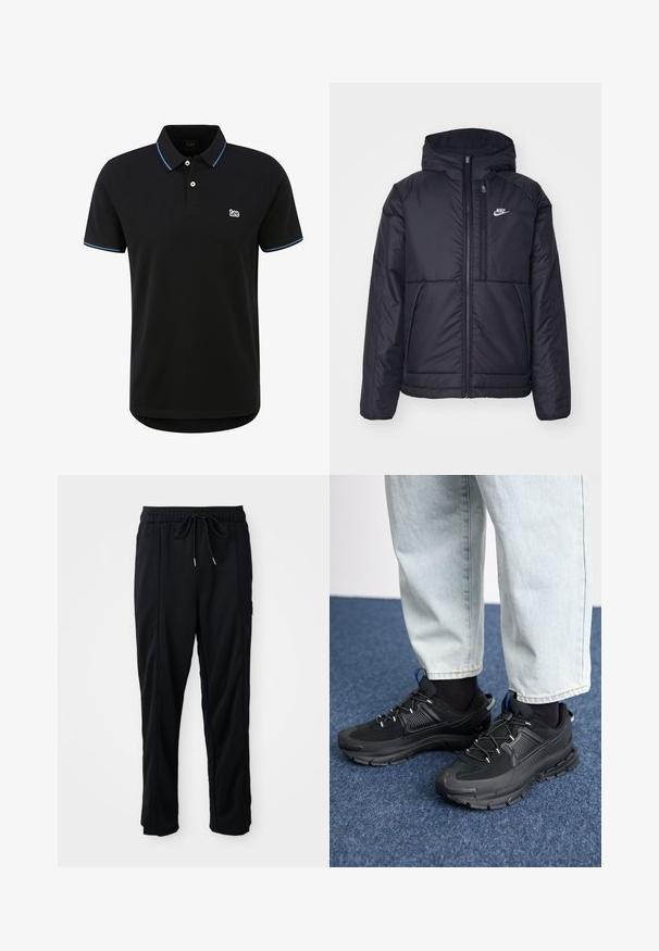 Giacca Nike nera, imbottita, con zip frontale e cappuccio. Presenta un logo bianco sul lato sinistro del petto e doppie tasche frontali. Texture esterna liscia.; Polo nero in cotone, con colletto a due bottoni, maniche corte e piping blu lungo il colletto e le maniche. Piccolo logo sul petto.; Pantaloni casual neri con elastico in vita, tasche laterali e taglio dritto su uno sfondo uniforme.; Scarpe sportive nere con tessuto testurizzato e suole in gomma, dotate di lacci elastici e un accento blu sul tallone. Indossate con pantaloni in denim chiaro.