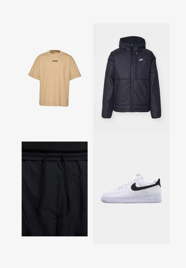 Musta, pehmustettu Nike-takki, jossa on etuvetoketju ja huppu. Vasemmassa rinnassa on valkoinen logo ja takissa on kaksinkertaiset etutaskut. Pintakoe on sileä.; Beige puuvillane t-särk, millel on lõtv sobivus, ümmargune kaelus ja lühikesed varrukad. Rinnal on must logo.; Mustat shortsit, joissa on naru vyötäröllä, kevyestä kankaasta valmistettu, sileä tekstuuri ja yksinkertainen muotoilu ilman näkyviä logoja tai kuvioita.; Valkoinen nahkakenkä, jossa on teksturoitu musta Swoosh, litteät nauhat ja kumipohja, jossa on uritettu malli. "AIR" on painettu kantapään kohdalle.