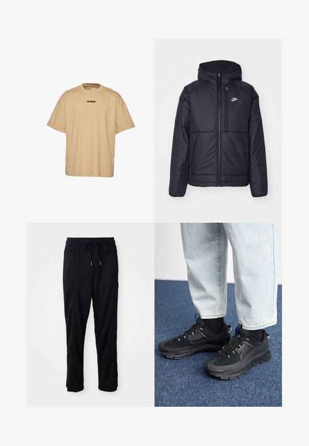 Juodas, paminkštintas Nike džemperis su priekyje užtrauktuku ir gobtuvu. Pasižymi balta logo kairėje krūtinės pusėje ir dviem priekinėmis kišenėmis. Su lygiu išoriniu paviršiumi.; Šviesiai rudos spalvos medvilninis marškinėliai su laisvu kirpimu, apvaliu iškirpimu ir trumpomis rankovėmis. Ant krūtinės yra juodas logotipo spaudas.; Juodos laisvos kelnės su raišteliu liemens, šoninėmis kišenėmis ir tiesiu kirpimu ant vienodos fono.; Juodi sportiniai bateliai su tekstūruota medžiaga ir guminiais padais, su elastingomis raišteliais ir mėlynu akcentu ant kulno. Dėvimi su šviesiai mėlynomis džinsinėmis kelnėmis.