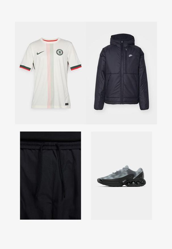 Černá zateplená bunda Nike s předním zipem a kapucí. Na levé straně hrudi má bílé logo a dvojité přední kapsy. Hladký povrch.; Bílé fotbalové tričko s krátkými rukávy, zelené a červené akcenty na manžetách a límci, středová značka a vertikální barevné pruhy. Přítomné logo Nike.; Černé šortky s páskem na šňůrku, lehký materiál s hladkou texturou a jednoduchý design bez viditelných log nebo vzorů.; Šedá sportovní bota s síťovaným svrškem a černou gumovou podrážkou, která má zaoblené prvky a výraznou klenbu. Obsahuje šňůrky a logo.