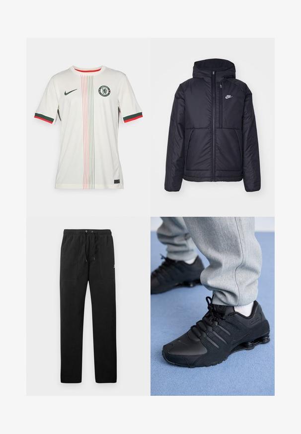 Giacca Nike nera, imbottita, con zip frontale e cappuccio. Presenta un logo bianco sul lato sinistro del petto e doppie tasche frontali. Texture esterna liscia.; Maglia da calcio bianca a maniche corte, con accenti verdi e rossi sui polsini e sul colletto, stemma centrale e strisce verticali colorate. Logo Nike presente.; Pantaloni sportivi neri in felpa, dotati di cintura elastica con cordini, due tasche anteriori e un piccolo logo sulla coscia.; Persona che indossa sneakers Nike Shox nere e pantaloni sportivi grigi, in piedi su un tappeto azzurro chiaro.