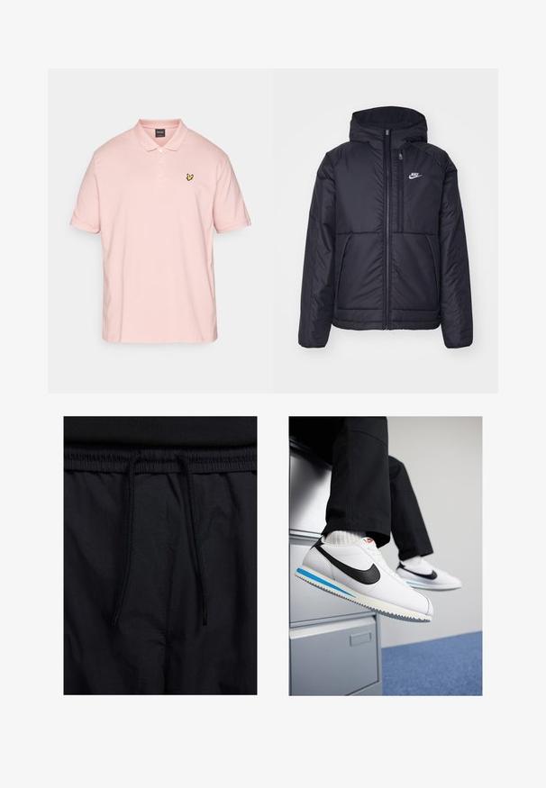 Svart, polstret Nike-jakke med frontglidelås og hette. Har en hvit logo på venstre bryst og doble frontlommer. Glatt ytterside.; Lyle & Scott PLAIN - Poloskjorter - palm pink; Sorte shorts med snor i livet, lett stoff med en jevn tekstur, og et enkelt design uten synlige logoer eller mønstre.; Hvite lær sneakers med en svart Nike swoosh, lys blå og grå gummisåle, og klassisk snøring. Føttene hviler på et arkivskap.