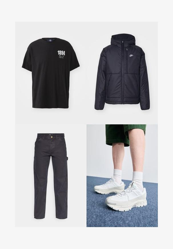 Černá zateplená bunda Nike s předním zipem a kapucí. Na levé straně hrudi má bílé logo a dvojité přední kapsy. Hladký povrch.; Černé bavlněné tričko s kulatým výstřihem, krátkými rukávy a bílým potiskem "1894 House Of Hyperbia" na levé části hrudi.; Tmavě šedé cargo kalhoty vyrobené z odolné látky, s rovnými nohavicemi, pěti kapsami a knoflíkovým zapínáním v pase.; Bílé sportovní boty s texturovanými překryvy, masivní podrážkou a šedými akcenty. Na nohou mají bílé ponožky a zelené šortky na modrém povrchu.