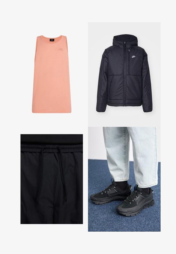 Svart, vadderad Nike-jacka med dragkedja framtill och huva. Har en vit logotyp på vänster bröst och dubbla framfickor. Slät yttextur.; Persikofärgad linne i lätt tyg, med rund halsringning och utan ärmar. Subtil O'Neill-logga på framsidan.; Svarta shorts med dragsko i midjan, lättviktig tyg med en slät yta och en enkel design utan synliga logotyper eller mönster.; Svarta sportskor med texturerat tyg och gummisulor, med elastiska snörningar och en blå detalj på hälen. Bärs med ljusa jeans.