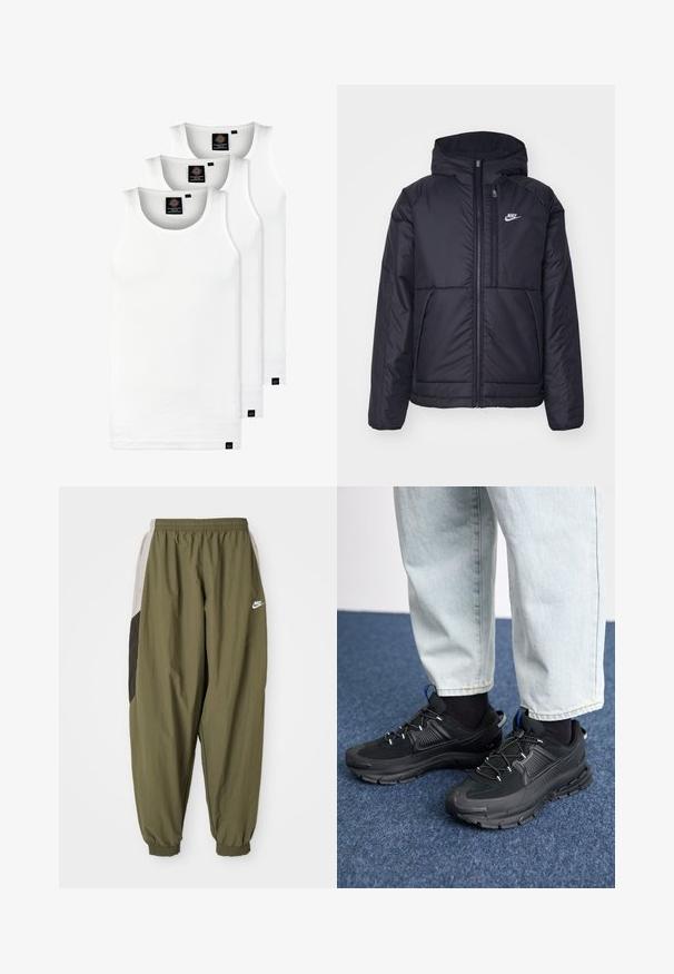 Čierna, polstrovaná bunda Nike so zipsom vpredu a kapucňou. Na ľavej strane hrude sa nachádza biele logo a sú tu dva predné vrecká. Hladký vonkajší povrch.; Tri biele rebrované tielka vyrobené z bavlny. Majú okrúhly výstrih a malé čierne štítky pri leme. Dostupné v rôznych veľkostiach.; Olivovo zelené športové nohavice Nike s elastickým pásom a manžetami. Obsahujú bočné panely v svetlošedej a tmavošedej farbe s detailom loga.; Čierne športové topánky s textúrovanou tkaninou a gumovou podrážkou, so elastickými šnúrkami a modrým akcentom na päte. Nosia sa s svetlými riflami.