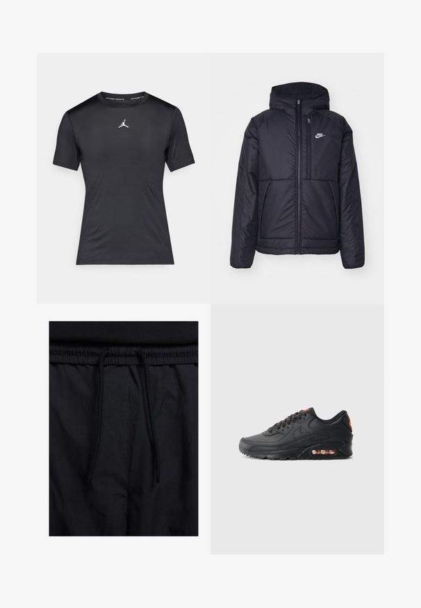 Svart, polstret Nike-jakke med frontglidelås og hette. Har en hvit logo på venstre bryst og doble frontlommer. Glatt ytterside.; Svart kortermet treningst-skjorte med en hvit Jumpman-logo sentrert på brystet og "Jordan Sports"-tekst inne i kragen.; Sorte shorts med snor i livet, lett stoff med en jevn tekstur, og et enkelt design uten synlige logoer eller mønstre.; Nike Air Max 90-sneakers med en svart syntetisk overdel, teksturert finish, snøring foran, synlig luftpute og oransje aksentlogo.