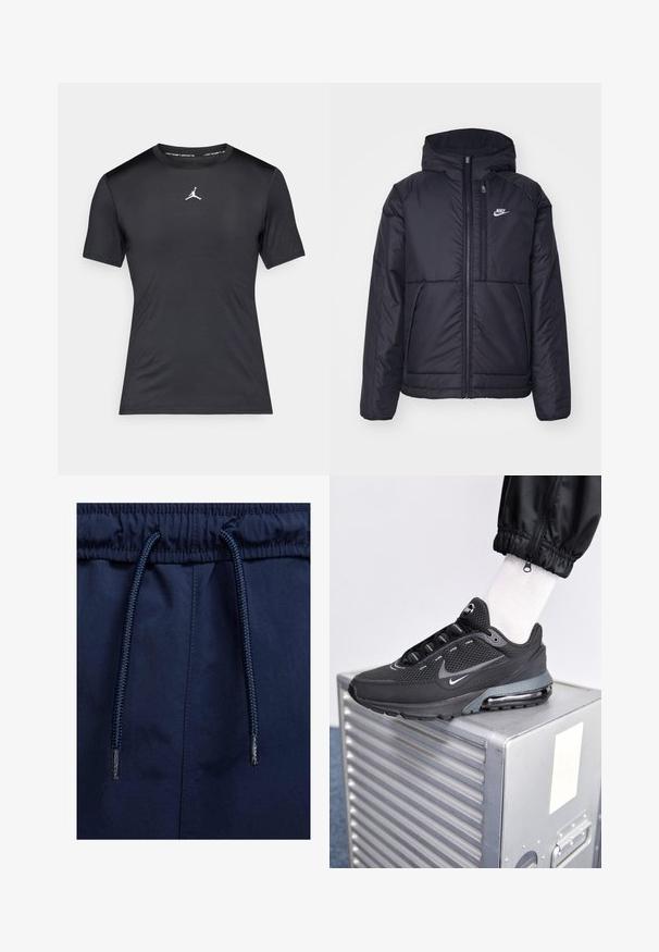 Black, padded Nike jacket with a front zipper and hood. Features a white logo on the left chest and dual front pockets. Smooth exterior texture.; Black short-sleeve athletic t-shirt with a white Jumpman logo centered on the chest and "Jordan Sports" text inside the collar.; Navy blue pull-on shorts with an elastic waistband, featuring a textured drawstring and smooth fabric.; Nike Sportswear PULSE - Trainers - black/anthracite