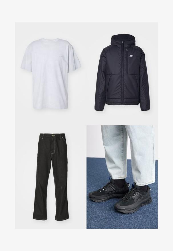 Juodas, paminkštintas Nike džemperis su priekyje užtrauktuku ir gobtuvu. Pasižymi balta logo kairėje krūtinės pusėje ir dviem priekinėmis kišenėmis. Su lygiu išoriniu paviršiumi.; Carhartt WIP DUSTER SCRIPT - Paprasti marškinėliai - basalt; Juodi džinsai su laisvu siluetu, turintys kontrastingas balto siūlo siūles, mygtuko uždarymą ir tiesų kojos dizainą.; Juodi sportiniai bateliai su tekstūruota medžiaga ir guminiais padais, su elastingomis raišteliais ir mėlynu akcentu ant kulno. Dėvimi su šviesiai mėlynomis džinsinėmis kelnėmis.