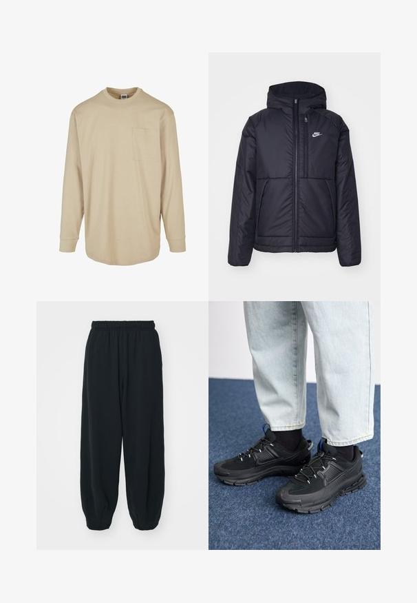 Sort, polstret Nike-jakke med frontlynlås og hætte. Har et hvidt logo på venstre bryst og to frontlommer. Glat ydre tekstur.; Beige langærmet T-shirt lavet af bomuld. Har en rund halsudskæring, en lomme på venstre bryst og en standard pasform med forstærkede manchetter.; Sorte svedbukser med elastisk talje, løs pasform, afsluttede ankler, glat tekstur og uden synlige mønstre eller hardware-detaljer.; Sorte træningssko med tekstureret stof og gummisåler, udstyret med elastiske snørebånd og en blå detalje på hælen. Bæres med lyse denimbukser.