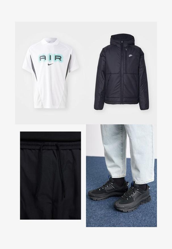 Casaco Nike preto, acolchoado, com fecho à frente e capuz. Apresenta um logo branco no lado esquerdo do peito e dois bolsos frontais. Textura exterior lisa.; T-shirt branca da Nike com mangas curtas, apresentando "AIR" em texto turquoise e preto, acentuada com um painel lateral e design de colarinho pretos.; Calções pretos com um cós elástico ajustável, fabricados em tecido leve com uma textura suave e um design simples, sem logótipos ou padrões visíveis.; Sapatilhas desportivas pretas com tecido texturizado e solas em borracha, apresentando atacadores elásticos e um detalhe azul no calcanhar. Usadas com calças de ganga claras.