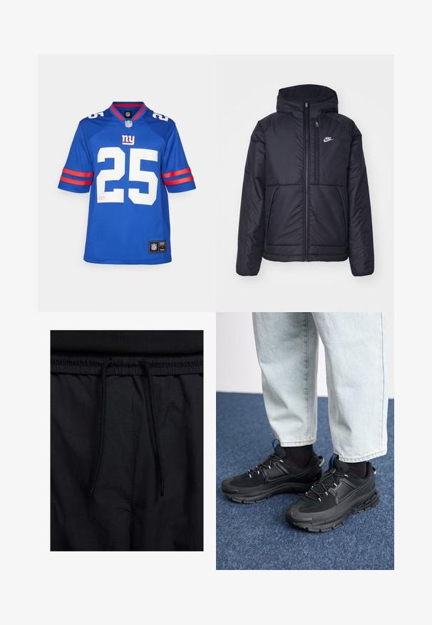 Casaco Nike preto, acolchoado, com fecho à frente e capuz. Apresenta um logo branco no lado esquerdo do peito e dois bolsos frontais. Textura exterior lisa.; Camisola azul da NFL com o número 25 em branco, mangas curtas em vermelho e branco listradas e gola de malha. Etiqueta do logótipo na bainha.; Calções pretos com um cós elástico ajustável, fabricados em tecido leve com uma textura suave e um design simples, sem logótipos ou padrões visíveis.; Sapatilhas desportivas pretas com tecido texturizado e solas em borracha, apresentando atacadores elásticos e um detalhe azul no calcanhar. Usadas com calças de ganga claras.