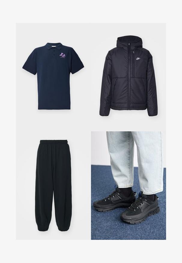 Veste Nike noire rembourrée avec une fermeture éclair sur le devant et une capuche. Elle présente un logo blanc sur la poitrine gauche et deux poches avant. Texture extérieure lisse.; Polo shirt bleu marine en coton, arborant un logo de cheval brodé en rose. Manches courtes et design de col classique.; Pantalons de survêtement noirs avec taille élastiquée, coupe ample, chevilles côtelées, texture lisse et sans motifs ni accents matériels visibles.; Des chaussures de sport noires avec un tissu texturé et des semelles en caoutchouc, dotées de lacets élastiques et d'un accent bleu au talon. Portées avec un pantalon en denim clair.