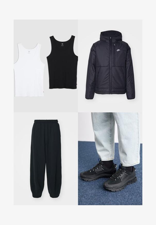 Casaco Nike preto, acolchoado, com fecho à frente e capuz. Apresenta um logo branco no lado esquerdo do peito e dois bolsos frontais. Textura exterior lisa.; Dois tops de algodão, um branco e um preto, cada um com uma textura canelada, decote redondo e um pequeno logótipo vermelho na bainha.; Calças de fato de treino pretas, com cintura elástica e um corte solto, com punhos nas pernas, textura suave e sem padrões visíveis ou detalhes de metal.; Sapatilhas desportivas pretas com tecido texturizado e solas em borracha, apresentando atacadores elásticos e um detalhe azul no calcanhar. Usadas com calças de ganga claras.
