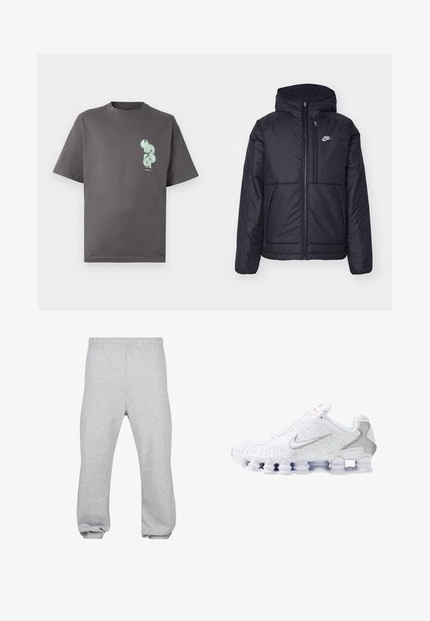 Melna, pufota Nike jaka ar priekšējo rāvējslēdzēju un kapuci. Iezīmēta ar baltu logotipu uz kreisās krūtis un divām priekšējām kabatām. Gluda ārējā tekstūra.; Pelēks kokvilnas T-krekls ar apaļu izgriezumu, īsām piedurknēm, ar piparmētru zaļas krāsas grafisko dizainu kreisajā krūtīs.; Pelēkās sporta bikses, kas izgatavotas no kokvilnas sajaukuma, ar elastīgu jostu, sašaurinātiem piedurknēm un iecirstiem apakšgaliem. Vienkāršs dizains bez rakstiem.; Balta sporta apava ar teksturētu sieta augšdaļu, sudraba Nike logo, polsterētu apkakli un unikālu caurspīdīgu plastmasas zoli ar atsperēm.