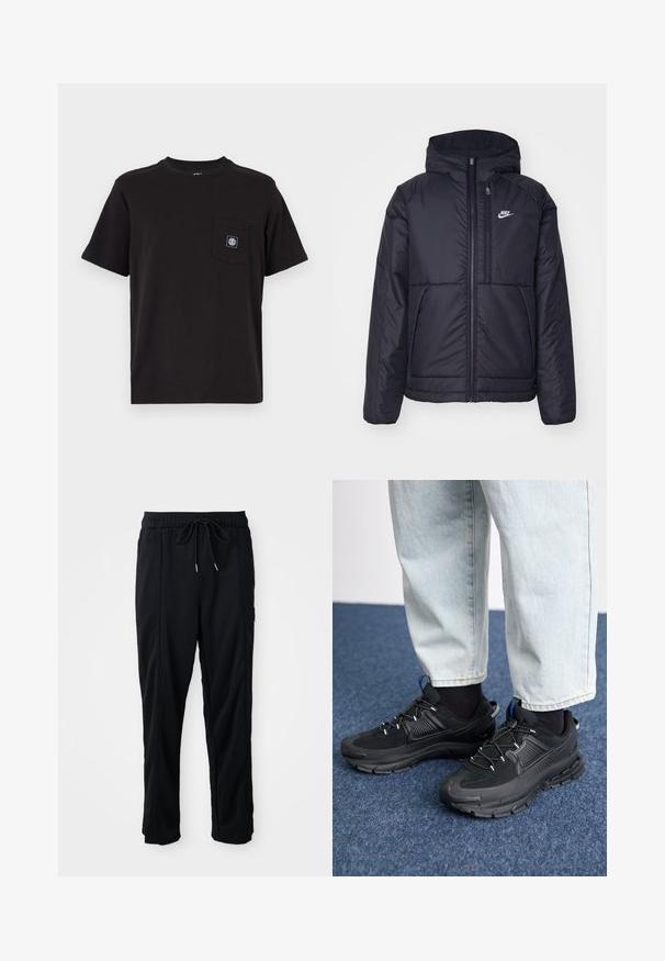 Black, padded Nike jacket with a front zipper and hood. Features a white logo on the left chest and dual front pockets. Smooth exterior texture.; Black short-sleeve t-shirt in cotton with a round neckline and a left chest pocket featuring a small logo tag. Smooth texture.; Black drawstring waist casual pants with side seam pockets and straight leg cut on a plain background.; Black athletic shoes with textured fabric and rubber soles, featuring elastic laces and a blue accent on the heel. Worn with light denim pants.