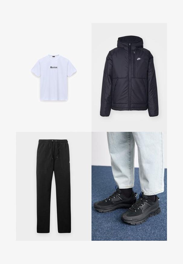 Jachetă Nike neagră, căptușită, cu fermoar pe față și glugă. Prezintă un logo alb pe pieptul stâng și două buzunare frontale. Textură exterioară netedă.; Tricou alb din bumbac cu mâneci scurte, guler rotund, având text stilizat negru "Minunat" pe față. Textură netedă, croială standard.; Pantaloni de trening negri din fleece, cu talie elastică și șnururi, două buzunare frontale și un logo mic pe coapsă.; Pantofi sport negri, cu țesătură texturată și tălpi din cauciuc, având șireturi elastice și un accent albastru pe toc. Purtați cu pantaloni din denim deschis.