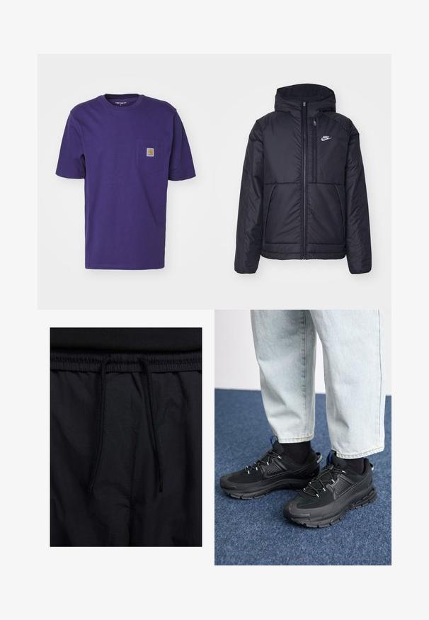 Svart, polstret Nike-jakke med frontglidelås og hette. Har en hvit logo på venstre bryst og doble frontlommer. Glatt ytterside.; Carhartt WIP POCKET - T-shirts - aura; Sorte shorts med snor i livet, lett stoff med en jevn tekstur, og et enkelt design uten synlige logoer eller mønstre.; Svarte sportssko med teksturert stoff og gummisåler, med elastiske lisser og en blå detalj på hælen. Brukt med lyse denimbukser.
