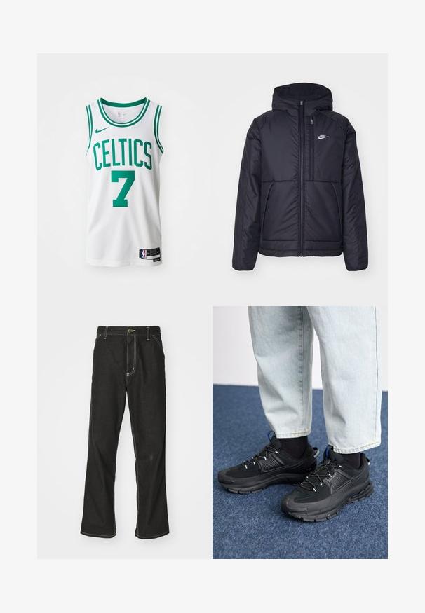 Melna, pufota Nike jaka ar priekšējo rāvējslēdzēju un kapuci. Iezīmēta ar baltu logotipu uz kreisās krūtis un divām priekšējām kabatām. Gluda ārējā tekstūra.; Balts basketbola krekls ar zaļiem akcentiem, uz kura ir uzraksts "CELTICS" un numurs "7" treknrakstā, izgatavots no sietveida auduma, ar apaļu kakla izgriezumu un Nike logotipu uz krūšu daļas. NBA birka apakšmalā.; Melni džinsi ar brīvu piegriezumu, ar kontrastējošu baltu diegu, pogu aizdari un taisnu kāju dizainu.; Melni sporta apavi ar strukturētu audumu un gumijas zoli, ar elastīgām auklām un zilu akcentu uz papēža. Nēsāti ar gaišām džinsu biksēm.
