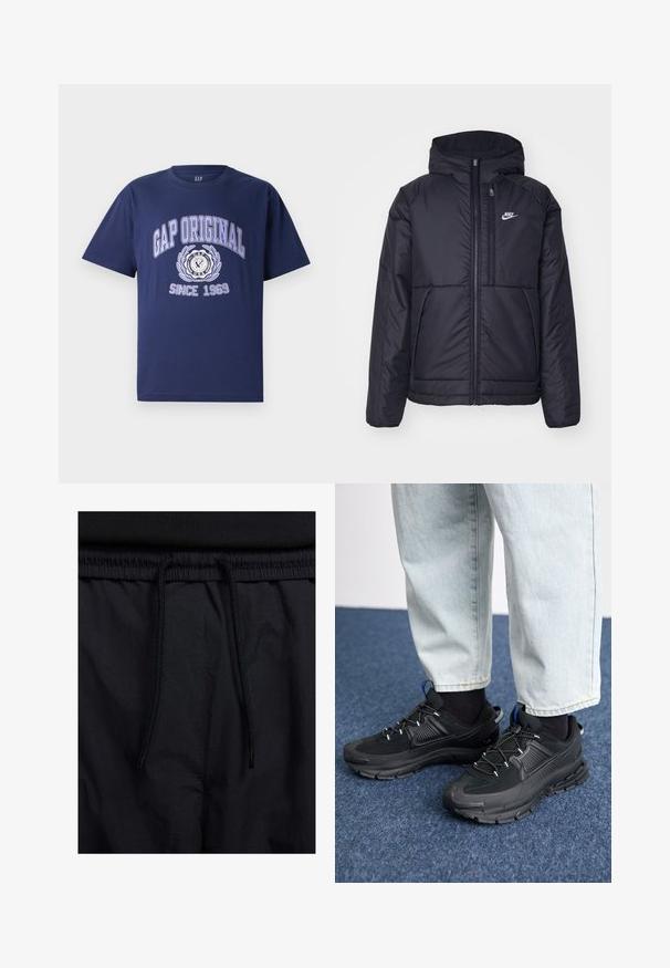 Black, padded Nike jacket with a front zipper and hood. Features a white logo on the left chest and dual front pockets. Smooth exterior texture.; Navy blue cotton T-shirt with short sleeves, featuring "GAP ORIGINAL" text and graphic design, circular emblem, and "SINCE 1969" below.; Black shorts featuring a drawstring waistband, lightweight fabric with a smooth texture, and a simple design without visible logos or patterns.; Black athletic shoes with textured fabric and rubber soles, featuring elastic laces and a blue accent on the heel. Worn with light denim pants.