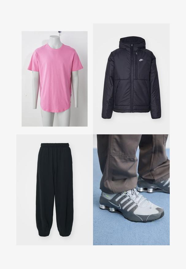 Svart, polstret Nike-jakke med frontglidelås og hette. Har en hvit logo på venstre bryst og doble frontlommer. Glatt ytterside.; Rosa kortermet bomulls-T-skjorte med rund hals, glatt tekstur og avrundet kant. Har en etikett på siden.; Sorte, joggebukser med elastisk liv, løs passform, mansjetter på ankler, glatt tekstur og uten synlige mønstre eller hardware-detaljer.; Grå og sølv Nike Shox-sneakers har et slankt design, med mesh- og syntetiske materialer, en rund tå og en polstret krage.