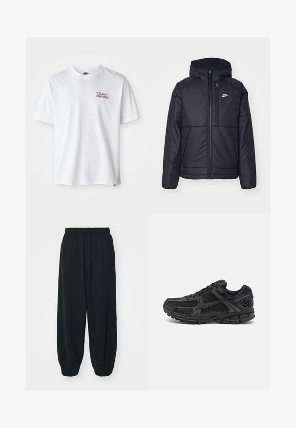 Musta, pehmustettu Nike-takki, jossa on etuvetoketju ja huppu. Vasemmassa rinnassa on valkoinen logo ja takissa on kaksinkertaiset etutaskut. Pintakoe on sileä.; Valkoinen puuvillainen T-paita, jossa on punainen "Dickies Donut House" -logo vasemmalla rintamalla, lyhyet hihat ja pyöreä pääntie.; Mustat, elastisella vyötäröllä varustetut collegehousut, joissa on löysä istuvuus, cuffattu lahje, sileä pinta ja ilman näkyviä kuvioita tai varusteita.; Musta urheilukenkä, jossa on verkkouppous, kumipohja ja teksturoituja yksityiskohtia. Suunnittelussa on selkeä kengännauhojen järjestelmä ja pehmustettu pohja.