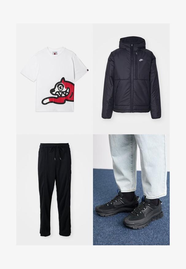 Black, padded Nike jacket with a front zipper and hood. Features a white logo on the left chest and dual front pockets. Smooth exterior texture.; White cotton t-shirt featuring a large red and black graphic of a cartoon-like cat with exaggerated eyes and teeth, positioned on the side.; Black drawstring waist casual pants with side seam pockets and straight leg cut on a plain background.; Black athletic shoes with textured fabric and rubber soles, featuring elastic laces and a blue accent on the heel. Worn with light denim pants.